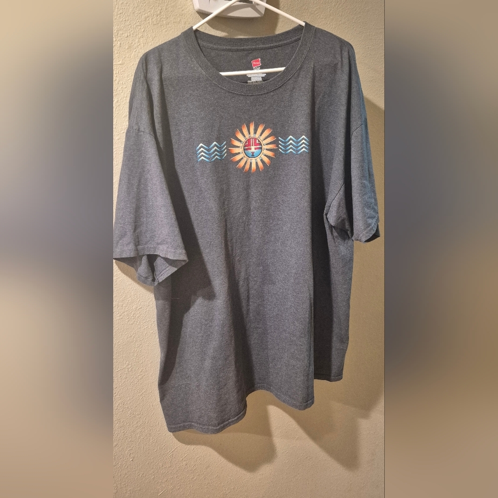 Hanes Dark Gray Short-Sleeve Tee with Orange and Blue Sun Graphic